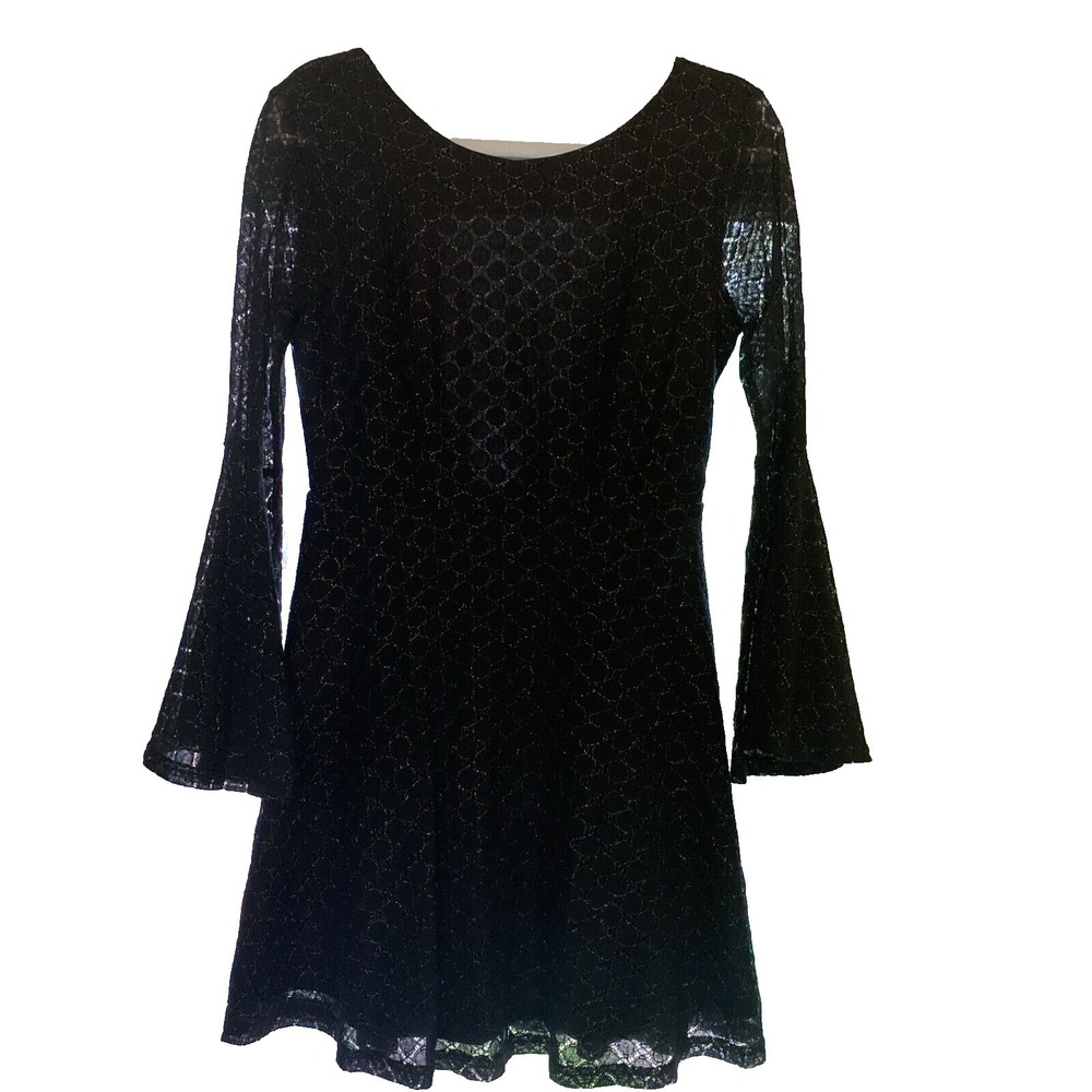 Altered State Dress Formal Black Lace Lined Gold Geometrical Stitch V Back S/M
